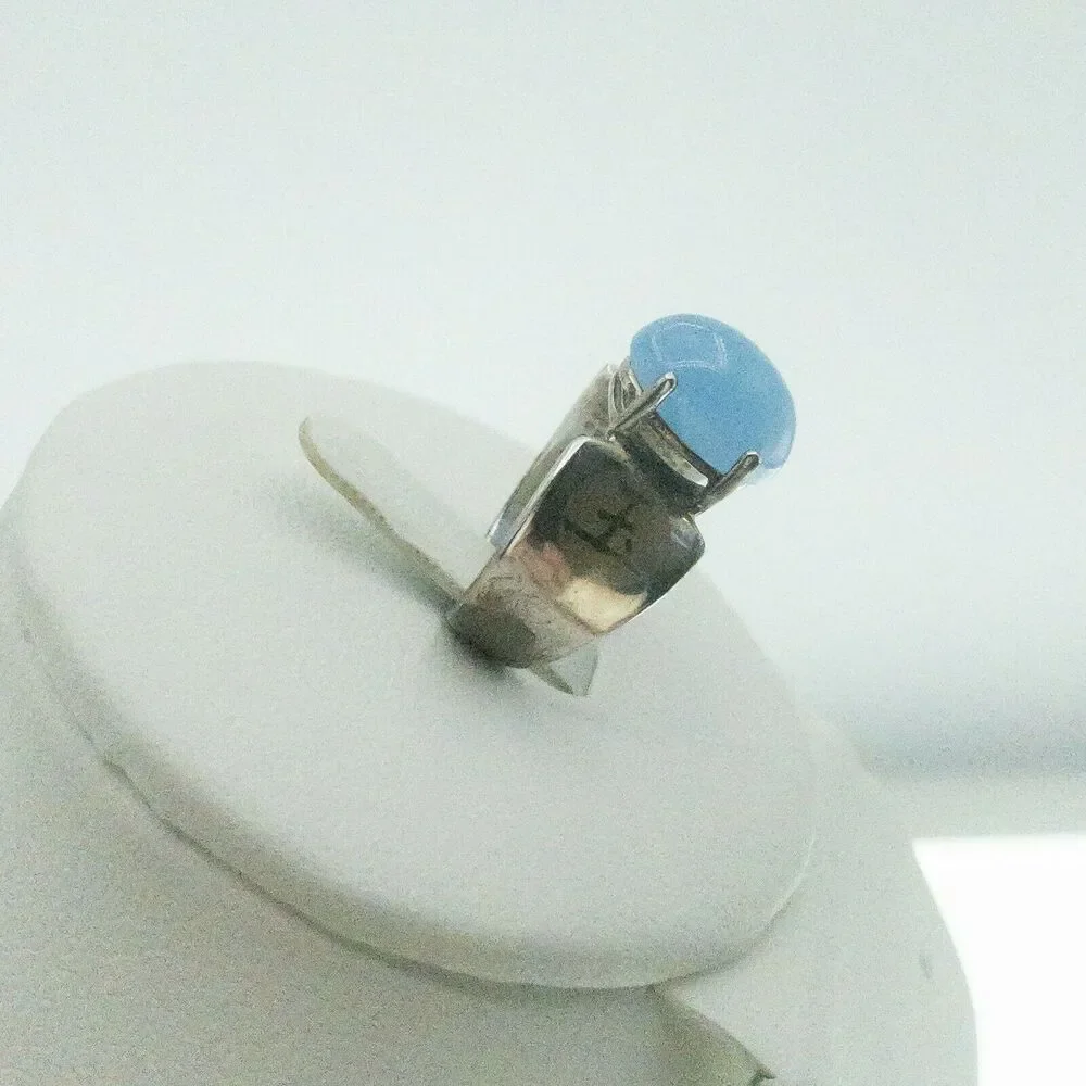 Sterling Silver 925 Blue Jade Cabochon Ring Size 7 Chinese Symbols